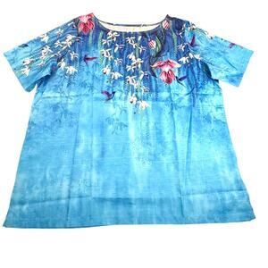 New In Bag Peacock Blue Floral Accent Short Sleeve Pop Over Top Lightweight